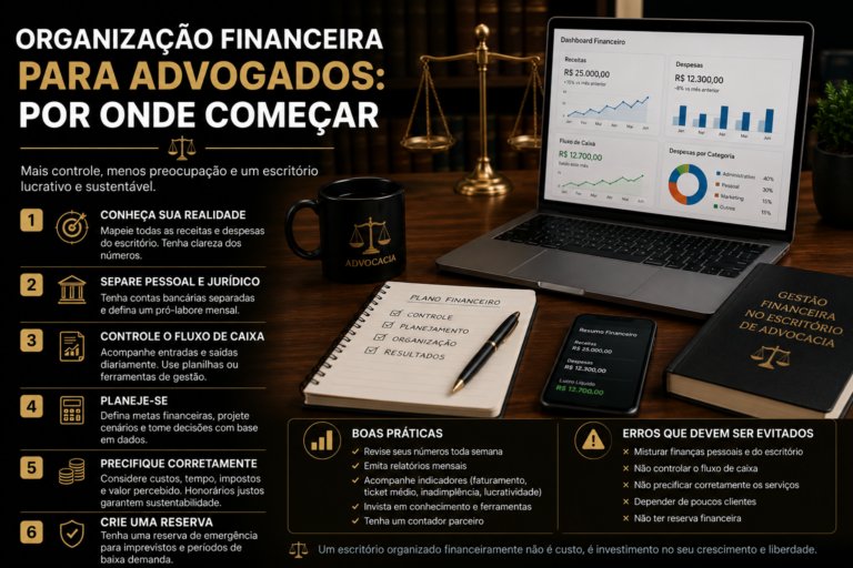 Administrar um escritório de advocacia vai muito além do conhecimento jurídico. A organização financeira é um dos pilares para garantir estabilidade, crescimento e lucratividade. No entanto, muitos advogados iniciam suas atividades sem um planejamento financeiro adequado, o que pode comprometer a saúde do negócio nos primeiros anos.  Independentemente do tamanho do escritório ou da quantidade de clientes, criar uma estrutura financeira desde o início permite tomar decisões mais inteligentes, reduzir riscos e construir uma operação sustentável. Neste guia, você conhecerá os principais passos para organizar as finanças do seu escritório de advocacia.  Entenda a situação financeira do escritório  O primeiro passo é saber exatamente quanto entra e quanto sai do caixa.  Faça um levantamento completo  Registre todas as receitas e despesas, incluindo:  Honorários advocatícios Custas processuais Aluguel e condomínio Internet e telefonia Softwares jurídicos Marketing Impostos Despesas administrativas  Ter uma visão clara dos números é essencial para qualquer planejamento financeiro.  Separe as finanças pessoais das profissionais  Esse é um dos erros mais comuns entre advogados autônomos e pequenos escritórios.  Como fazer corretamente Abra uma conta bancária exclusiva para o escritório. Defina um pró-labore mensal. Evite utilizar o caixa do escritório para despesas pessoais. Registre todas as movimentações financeiras.  Essa separação facilita o controle financeiro e evita confusões na gestão.  Organize o fluxo de caixa  O fluxo de caixa permite acompanhar diariamente toda movimentação financeira.  O que deve ser registrado Recebimentos de honorários Parcelamentos de clientes Despesas fixas Despesas variáveis Pagamentos futuros  Atualizar essas informações regularmente ajuda a evitar falta de capital e melhora o planejamento.  Planeje os custos do escritório  Conhecer os custos permite precificar corretamente os serviços jurídicos.  Classifique as despesas Custos fixos  São aqueles que acontecem todos os meses, como:  Aluguel Internet Salários Softwares Custos variáveis  Dependem da demanda do escritório, como:  Deslocamentos Custas processuais Publicidade Materiais de escritório  Essa divisão facilita a análise financeira.  Defina uma precificação adequada  Cobrar apenas com base na tabela de honorários ou na concorrência pode comprometer a rentabilidade.  Considere fatores como Tempo dedicado ao caso Complexidade jurídica Custos operacionais Tributos Valor agregado ao cliente  Uma precificação estratégica garante lucro e sustentabilidade.  Monte uma reserva financeira  Nem todos os meses terão o mesmo faturamento. Por isso, criar uma reserva é indispensável.  Benefícios da reserva Cobertura de imprevistos Maior tranquilidade financeira Capacidade de investir no crescimento Segurança em períodos de baixa demanda  O ideal é reservar parte dos honorários recebidos de forma contínua.  Utilize ferramentas de gestão  A tecnologia facilita muito o controle financeiro.  Recursos que ajudam Planilhas financeiras Sistemas de gestão jurídica Aplicativos de controle financeiro Emissão de relatórios automáticos  Essas ferramentas reduzem erros e economizam tempo.  Acompanhe indicadores financeiros  Controlar apenas o saldo bancário não é suficiente.  Indicadores importantes Faturamento mensal Lucro líquido Ticket médio por cliente Inadimplência Custos operacionais Margem de lucro  Esses dados ajudam na tomada de decisões mais estratégicas.  Erros que devem ser evitados  Algumas práticas podem comprometer a saúde financeira do escritório.  Evite Misturar despesas pessoais e profissionais Não controlar o fluxo de caixa Cobrar honorários sem calcular os custos Depender de poucos clientes Não manter uma reserva financeira Ignorar o planejamento tributário  Evitar esses erros aumenta significativamente a estabilidade do negócio.  Uma boa organização financeira é um diferencial competitivo para qualquer advogado. Ao estruturar corretamente receitas, despesas, fluxo de caixa e planejamento, o escritório ganha previsibilidade, reduz riscos e cria condições para crescer de forma sustentável. Com disciplina e acompanhamento constante dos indicadores financeiros, é possível transformar a gestão do escritório em um dos principais motores do sucesso profissional.