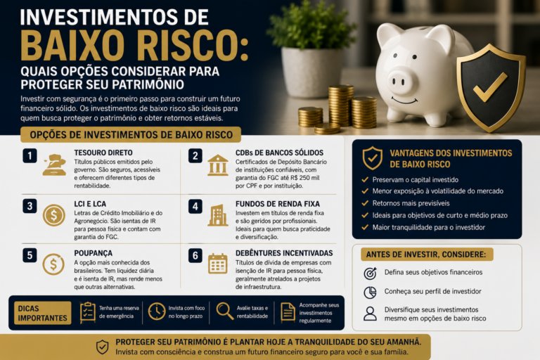 Investimentos de baixo risco: quais opções considerar para proteger seu patrimônio