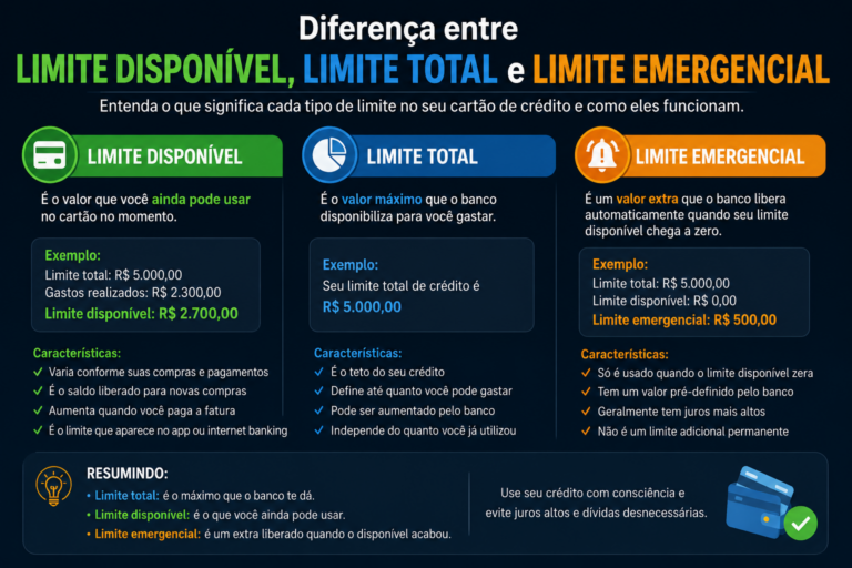 Diferença entre limite disponível, limite total e limite emergencial