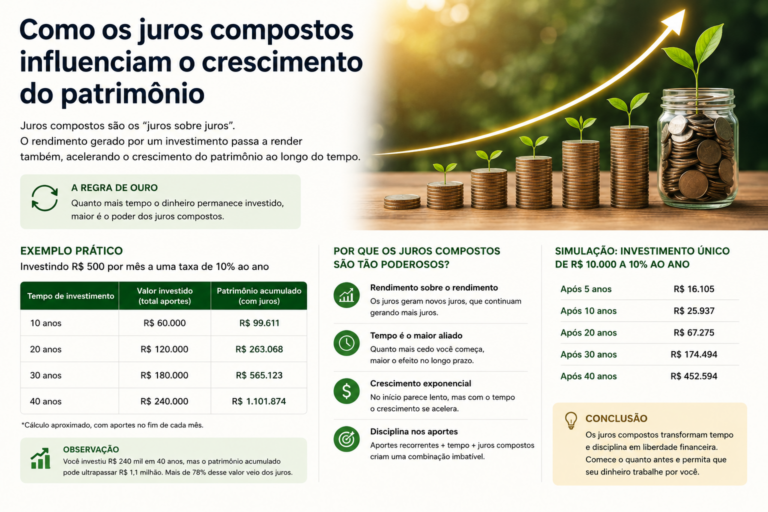 Como os juros compostos influenciam o crescimento do patrimônio